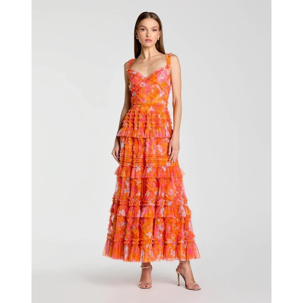 NWT Mac Duggal Orange Sleeveless Floral Ruffle A-Line Maxi Dress - Size 8 - Picture 4 of 14